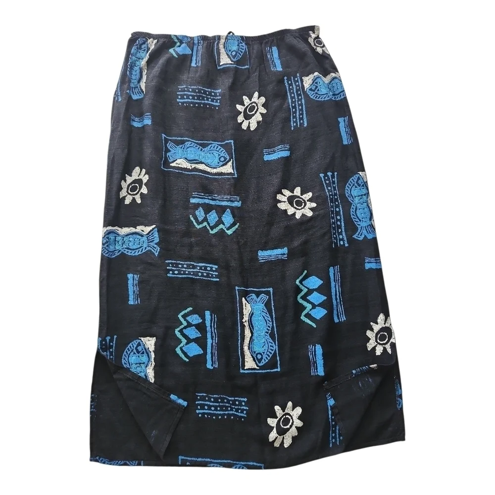 Vintage Teddi Skirt Size Large Blue Black Tribal Print Boho Midi Rayon Acetate